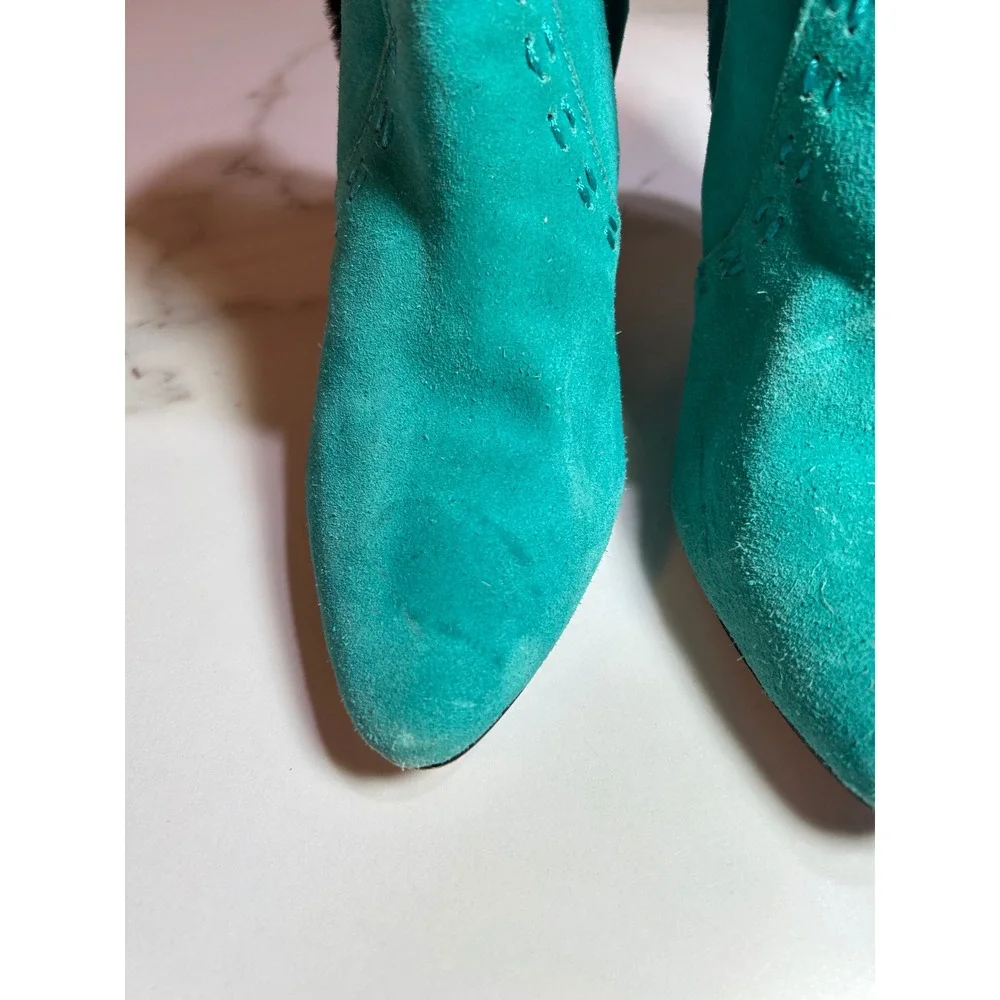 Vtg Turquoise Suede Faux Fur Trim Ankle Boots Animal Print Buckle Stiletto Heels
